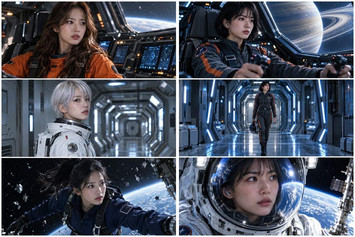장면마다 인물이 달라지는 경우와 동일 인물의 얼굴·전신·표정 기준을 모은 경우를 보여주는 AI 연출 예시