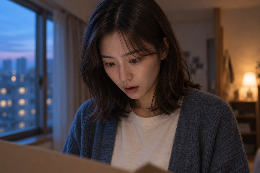 택배 상자 속을 내려다보며 놀란 인물의 표정과 시선을 강조한 클로즈업