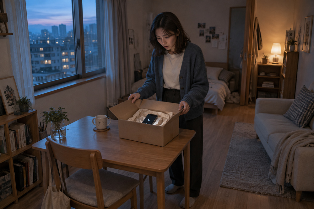 방 안에서 택배 상자를 보는 인물과 테이블, 창문, 소파의 관계를 보여주는 와이드 숏