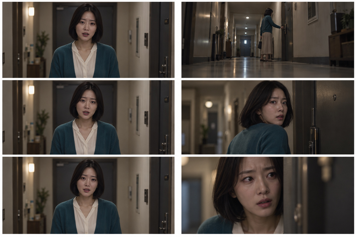같은 정면 구도와 깊이·시점이 달라지는 여러 구도의 AI 연출 예시