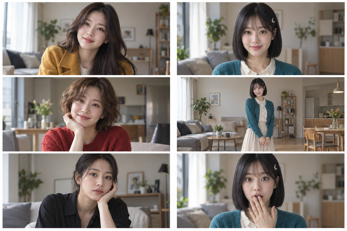 장면마다 인물이 달라지는 경우와 동일 인물의 얼굴·전신·표정 기준을 모은 경우를 보여주는 AI 연출 예시