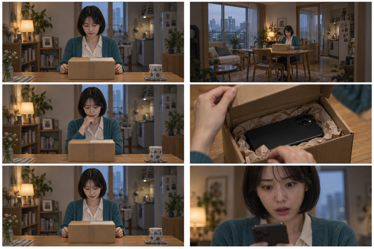 반복되는 구도와 공간·손과 물건·얼굴을 나눠 보여주는 AI 장면 설계 예시