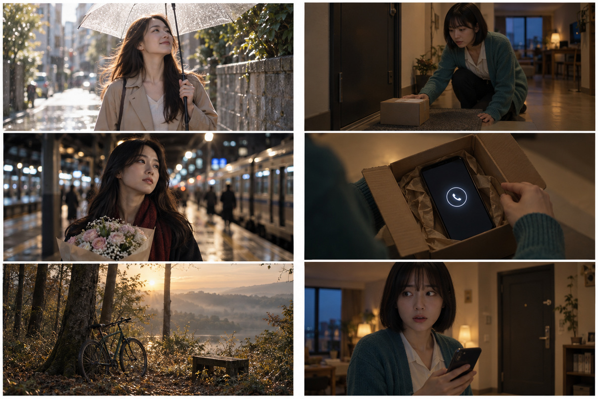 관련 없는 이미지와 택배 발견·휴대폰 확인·반응으로 이어지는 이야기를 비교하는 AI 연출 예시