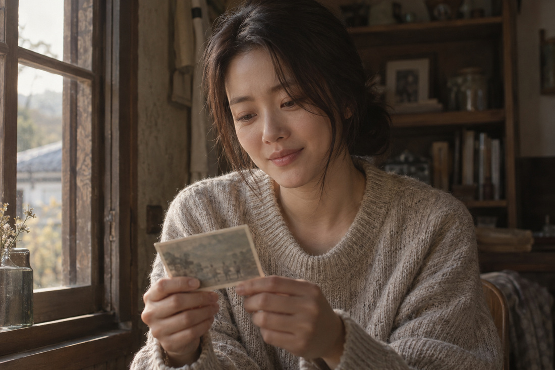 그리운 회상의 차분한 필름 무드 색감을 적용한 AI 창작 장면
