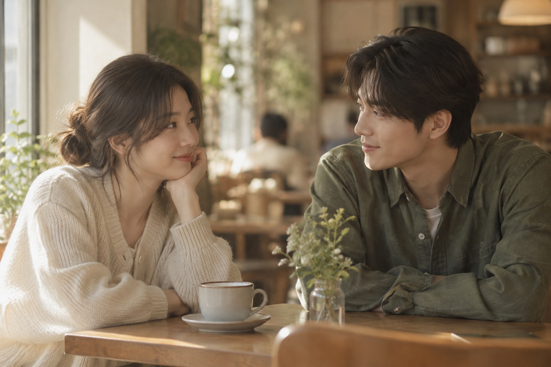 설레는 로맨스의 따뜻하고 부드럽게 색감을 적용한 AI 창작 장면