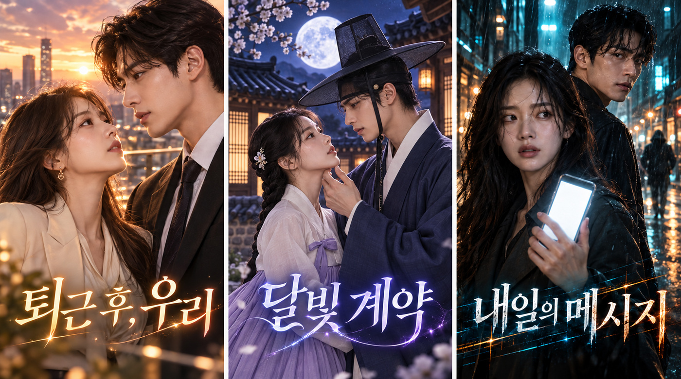 로맨스 ‘퇴근 후, 우리’, 한국 고전 로맨스 ‘달빛 계약’, 미스터리 ‘내일의 메시지’ 창작 썸네일 3종