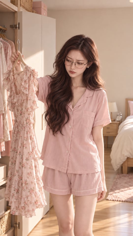 C02 스토리보드 이미지: 옷을 들어 보는 수아